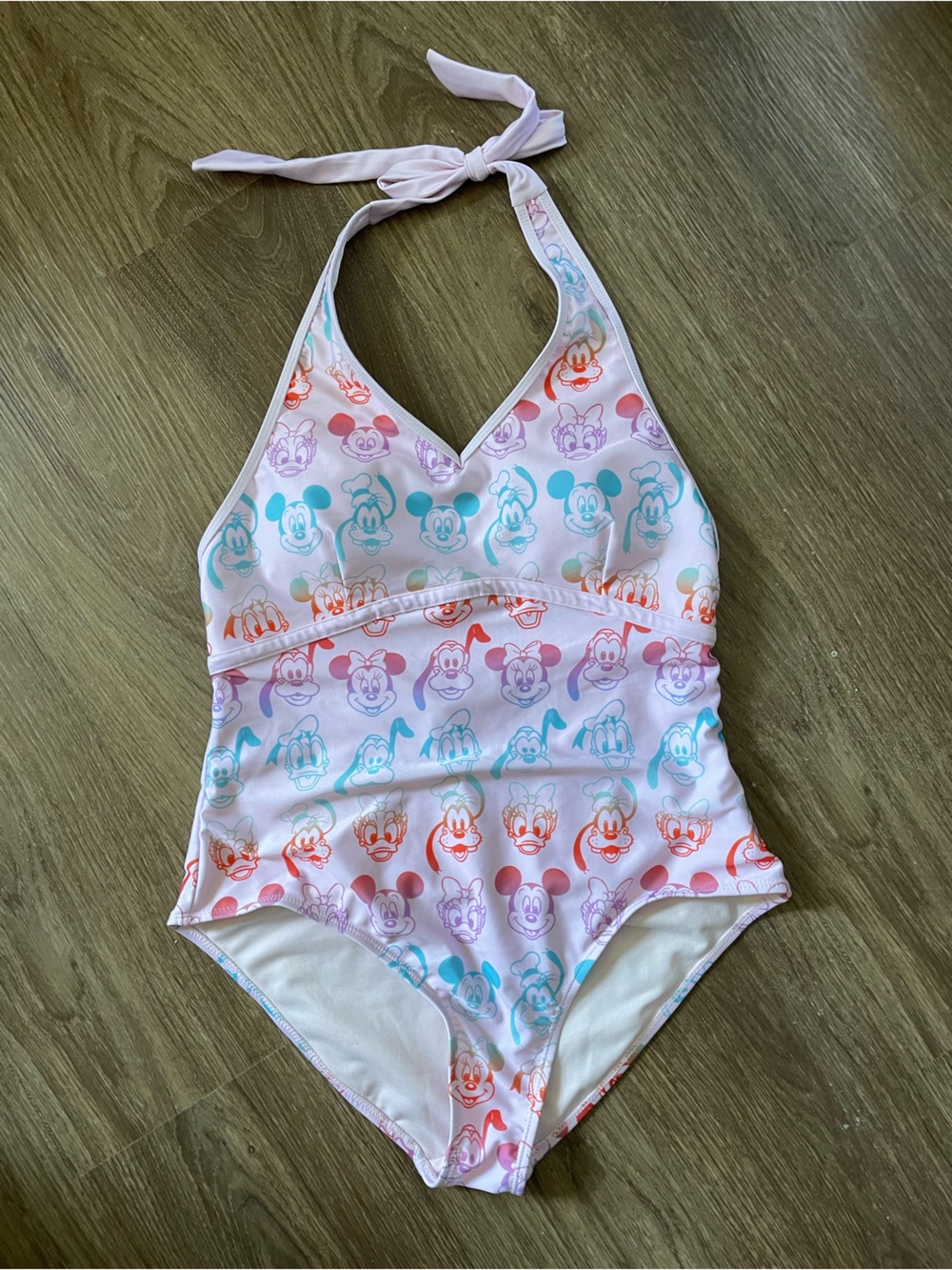 Disney Pink One-Piece Halter Swimsuit with Multicolor Mickey and Friends Faces